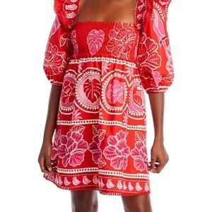 FARM Rio Summer Sunrise Cotton Mini Dress Floral Puff Sleeve Dress